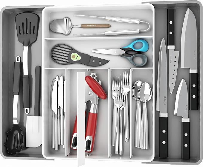 Simple Houseware Expandable Kitchen Drawer Flatware Organizer, Gray/White