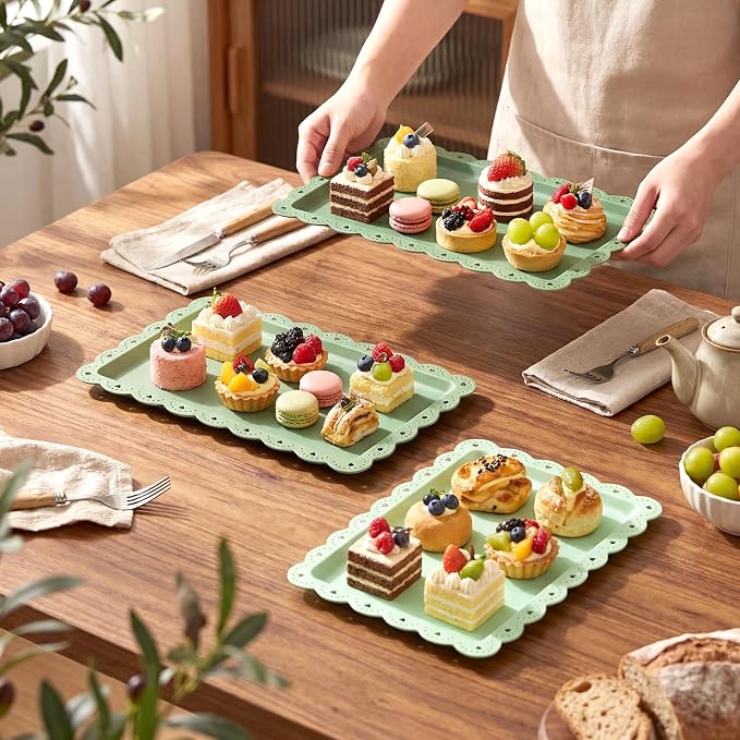 6 Pcs Green Serving Trays Plastic Platters Dessert Cupcake Holder Party Supplies 14.4 x 9.3 Inches Rectangular Cookie Snack Display Tray for Wedding Restaurant