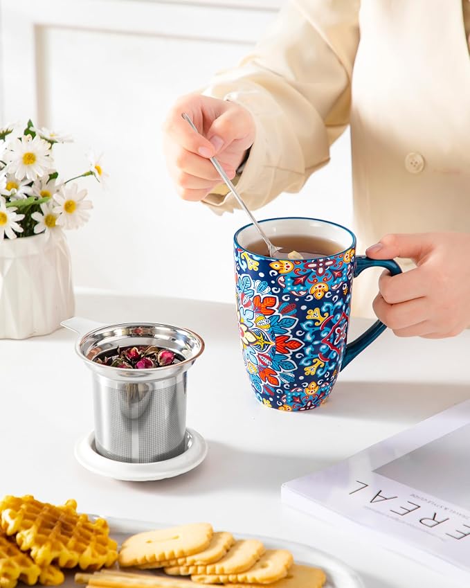 vancasso Ceramic Tea Mug with Infuser and Lid, 18 Ounce Bohemian Loose Leaf Cup, Microwave & Dishwasher Safe, Perfect for Tea, Coffee, Royal-Crimson Flourish