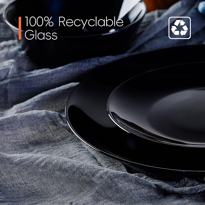 Dinnerware Sets for 4, 12 Piece Black Opal Glass Dish Set | Plates and bowls with dishwasher and microwave safe features, chip and scratch resistant dishware for everyday use