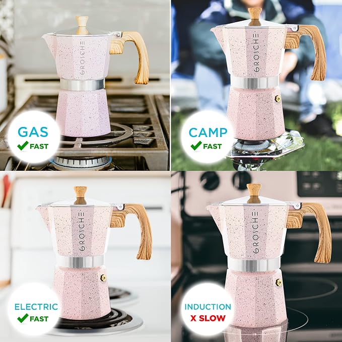 GROSCHE Milano Moka pot, Stovetop Espresso maker, Greca Coffee Maker, Stovetop coffee maker and espresso maker percolator (Pink, 3 cup) | Cuban Coffee Maker And Italian Moka Pot For Stovetop Espresso; For Gas, Electric, And Propane Stoves With A Soft-T...