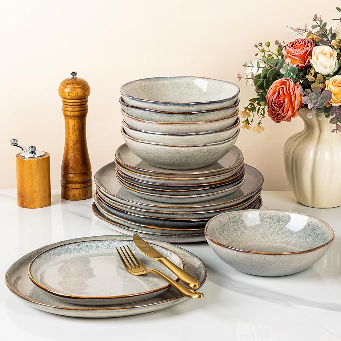 GBHOME Stoneware Dinnerware Sets for 6,18 Piece Rustic Plates and Bowls Set | Earthenware Handmade Reactive Glaze Plate Sets, Chip Resistant Ceramic Dishes, Microwave & Dishwasher Safe, Wheat Green