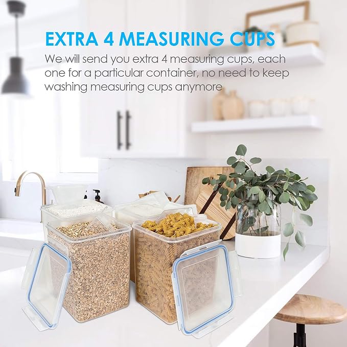 Vtopmart 5.2L Flour Sugar Storage Containers, 4 PCS, Blue | Airtight Seal, Multiple Sizes, BPA Free, Food Grade Material, Dishwasher Safe (Not Lids), 4 Measuring Cups and 24 Labels