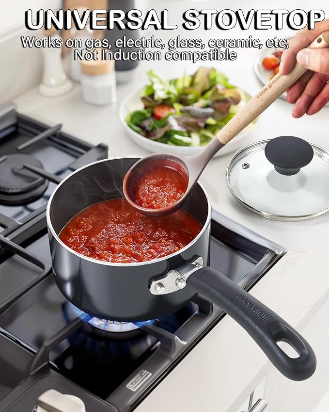 Cook N Home Basic 1 Quart Nonstick Saucepan with Glass Lid, Small Non Stick Aluminum Sauce Pan, Multi-Purpose Milk Chocolate Cooking Pot with Stay-Cool Handle, Black | Nonstick Aluminum Sauce Pan, Multi-Purpose Milk Chocolate Cooking Pot with Stay-Cool...