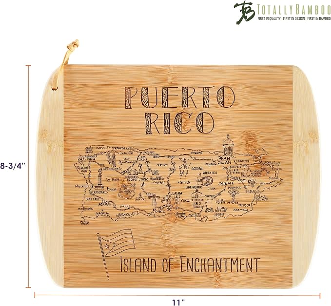 Totally Bamboo A Slice of Life Puerto Rico Engraved Map Cutting Board | 11" x 8.75" charcuterie board with engraved Puerto Rico map. Smooth reverse side for food prep. Hang tie for wall display.