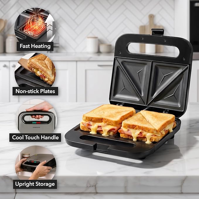OVENTE Electric Sandwich Maker, 750W Non-Stick Plates, Black GPS401B | Perfect for Grilled Cheese, Tuna Melts, Omelets, French Toast, Breakfast Favorites, Light Meals, and Snacks