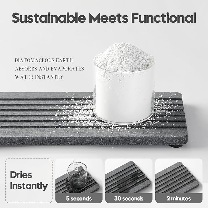2PCS Diatomite Quick Stone Drying Tray Mat For Bathroom & Kitchen Counter, Instant Dry Water Absorbent Drink Bar Coaster,Vanity Sink Caddy Organizer,Dish Soap Sponge Holders, Charcoal,8"x3.8"