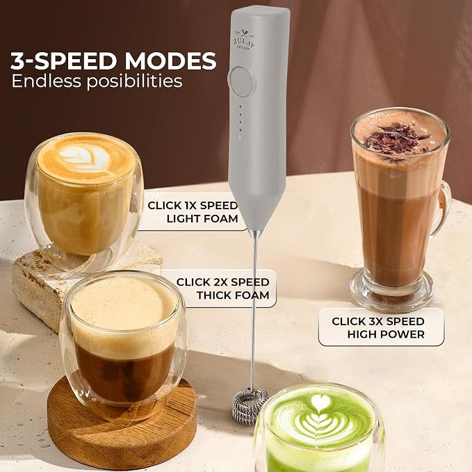 Zulay Kitchen Rechargeable Milk Frother Handheld - Frother Wand, Drink Mixer, Electric Whisk Frother, for Cappuccinos, Matcha & Protein Powder - Dynamic Triple Whisk, 3 Speed 500mAh Light Gray