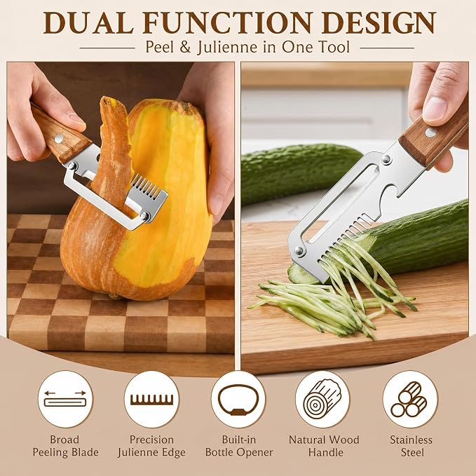 Upgrade Vegetable Peeler and Julienne Peeler Set, 2-Pcs Multifunctional Stainless Steel Veggie Peelers for Kitchen with Wood Handles & Built-in Bottle Opener, Sharp Potato, Carrot & Scallion Shredder