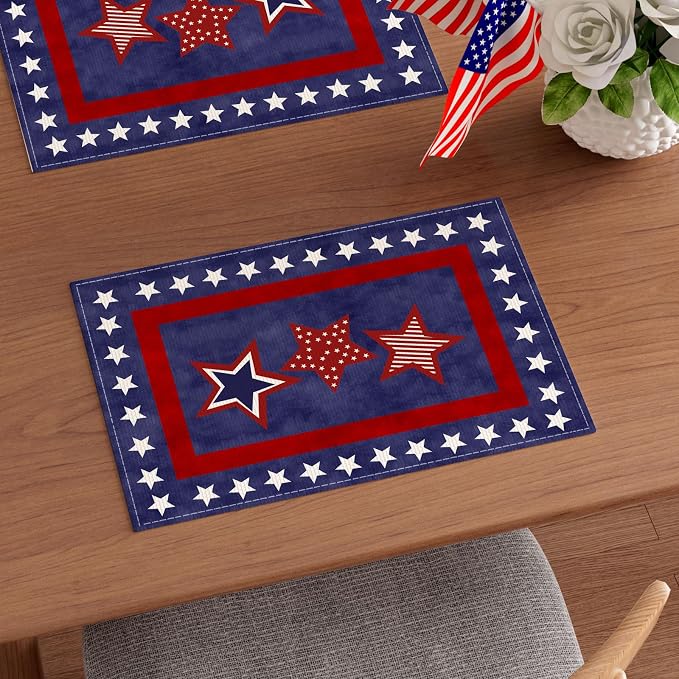 XCHI Blue Patriotic Red White Stars America 4th of July Memorial Day Independence Day Placemats Set of 4 Table Mats Decorations 12x18 Inch