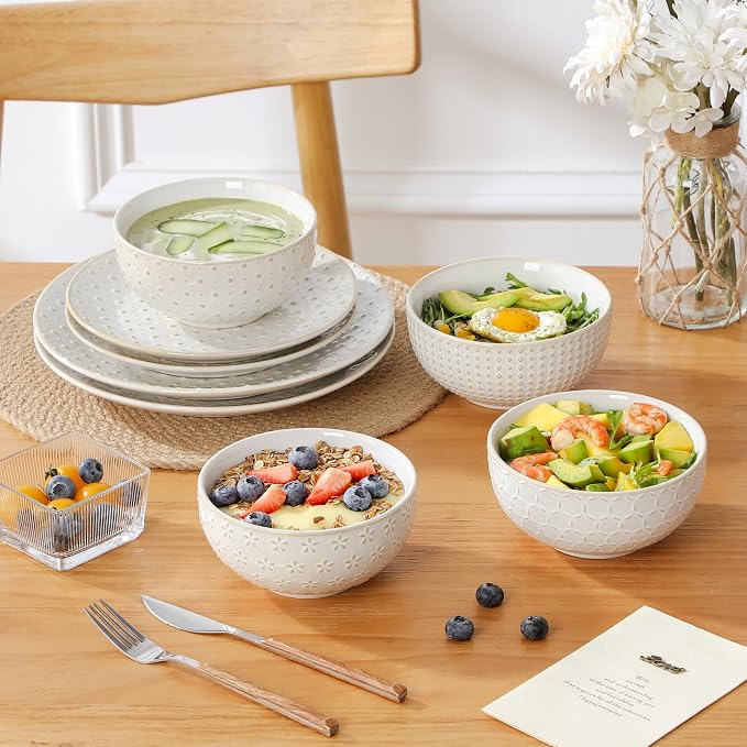 MALACASA 16 Pieces Dinnerware Set, Farmhouse Style Stoneware Plates and Bowls Sets for 4, Embossed Boho Ceramic Dish Set with Mugs, Microwave & Dishwasher Safe, Series LYDIA