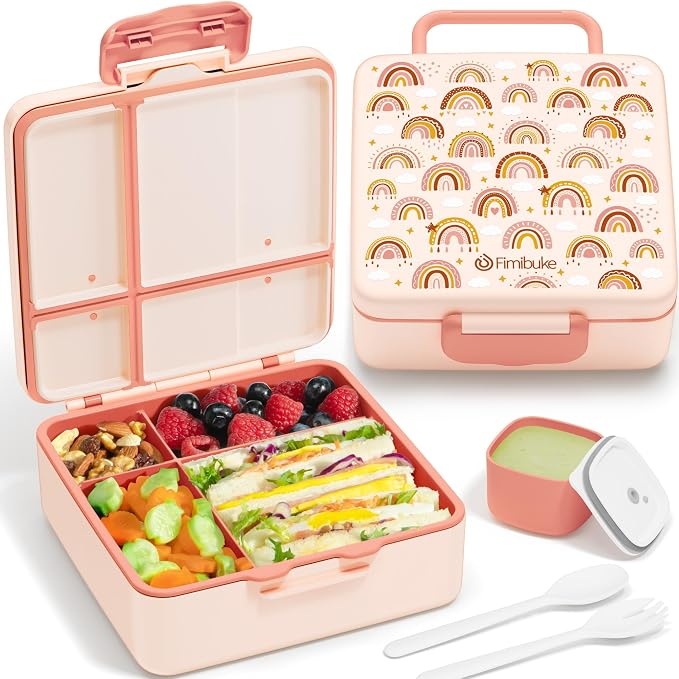 Fimibuke Bento Lunch Box for Kids, Toddler Bento Box with 4 Compartments | Leak Proof BPA Free Dishwasher Safe Lunch Container with Utensils, Ideal Portion Sizes for Ages 3-12 Girls Boys for School