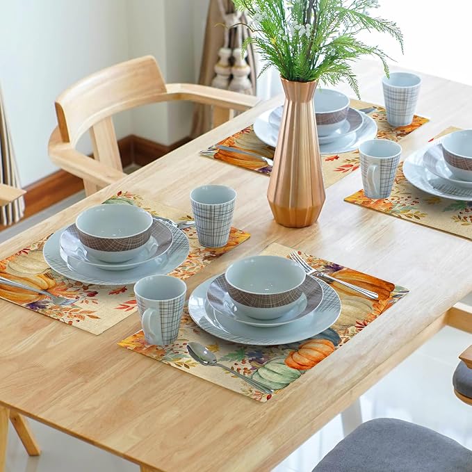 Fall Thanksgiving Placemats Set of 6 18x12 Inch Autumn Pumpkins Maple Leaves Linen Place Mats Heat-Resistant Washable Wipeable Table Mat for Party Kitchen Dining Room Dinner Table Decor