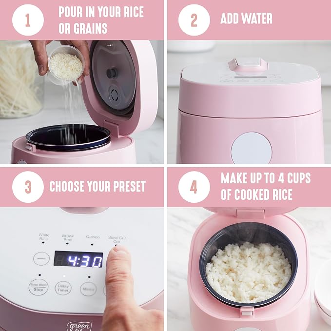 GreenLife Digital Rice Cooker, 2-Cups Uncooked/4-Cups Cooked, Pink | PFAS-Free Ceramic Nonstick Coated 1.5QT Pot, One-Touch Presets, Oats, Quinoa, Brown Rice, Auto Warming, Fuzzy Logic Tech
