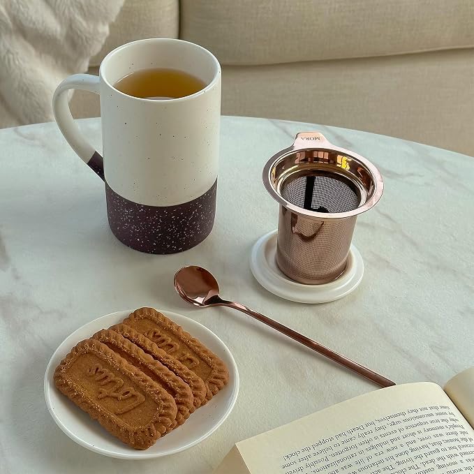 Mora Ceramics Tea Cup with Loose Leaf Infuser, Spoon and Lid, 12 oz, Microwave and Dishwasher Safe Coffee Mug - Rustic Matte Ceramic Glaze, Modern Herbal Tea Strainer - Great Gift for Women, Garnet