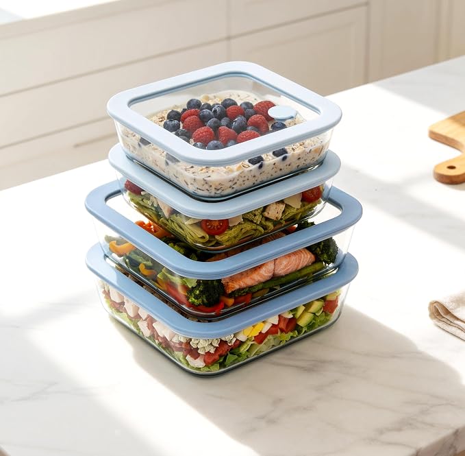 Glass Food Container Set with Silicone Glass Lid, Square Shape, 4 Pack, Airtight, LeakProof, 100% Plastic Free, Meal Prep Food Storage Containers, Blue Color