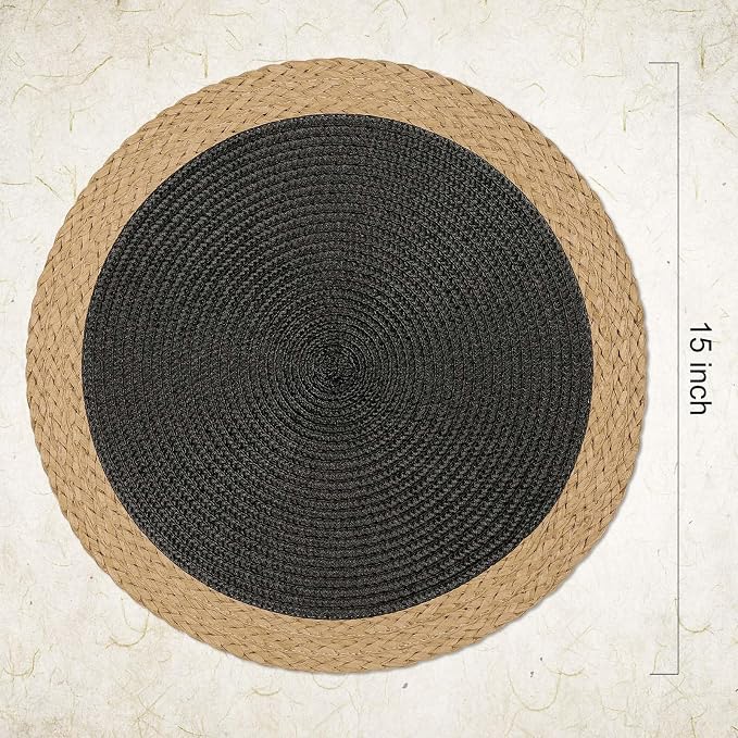 Round Placemats Set of 8, Woven Table Mats, Wide Edge, Black | Braided Paper Edge, 15 Inch Diameter, Fits Dinner Plate and Flatware, Wipeable, Heat Resistant, Indoor Dining, Outdoor Patio