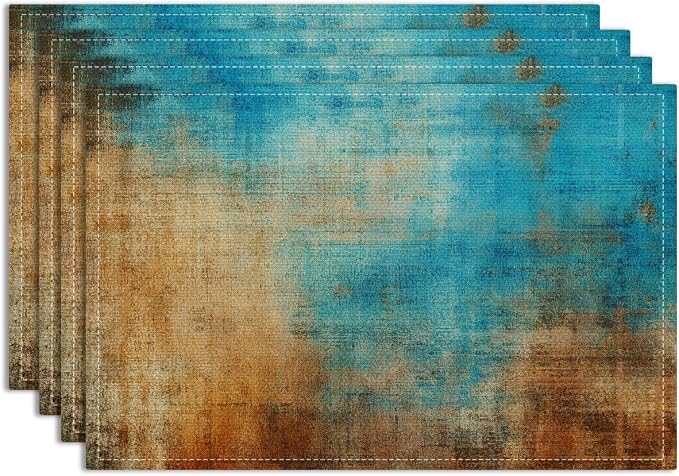 Farmhouse Placemats Set of 4, Outdoor Party Kitchen Table placemats Decor | Blue and Orange Vintage Abstract Messy Rust Painting Table Mats for Dining Decor, Washable Non-Slip Heat Resistant Place Mats