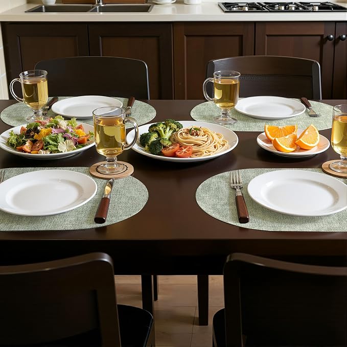 Placemats Set of 8, 11.8 x 17 Inch, Grass Green | Heat Resistant Oval Faux Leather Place Mats, Waterproof Wipeable Reversible PU Placemat, Indoor & Outdoor