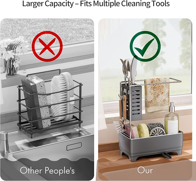 MOUKABAL 2-Tier Sponge Holder for Kitchen Sink, Sink Caddy Organizer Grey | Large Capacity/Rustproof Stainless Steel/360° Rotating Drain Keeps Counter Dry/Holds Sponge & Soap Bottle/Easy-Clean Tray