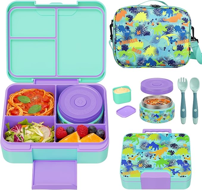 Kids Bento Lunch Box Set with 9.5oz Soup Thermo, Leak-Proof Lunch Food Containers with 3 Compartment and Removable Inner Tray, Insulated Hot Food Jar with Lunch Bag for School, Office, Dinosaur Green