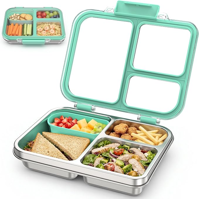 Stainless Steel Bento Box for Kids, 3-Compartment Metal Lunch Box with Clear Lid & Removable Silicone, Lunch Box Kids with Silicone Inner Container for Meal Prep, School, Office (Blue)