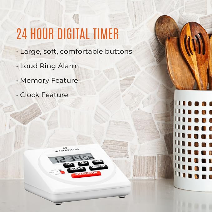 Marathon 24 Hour Digital Timer, White - Large, Easy-to-Read LCD Display - Loud Ring Alarm - Clock Feature - AA Battery Included