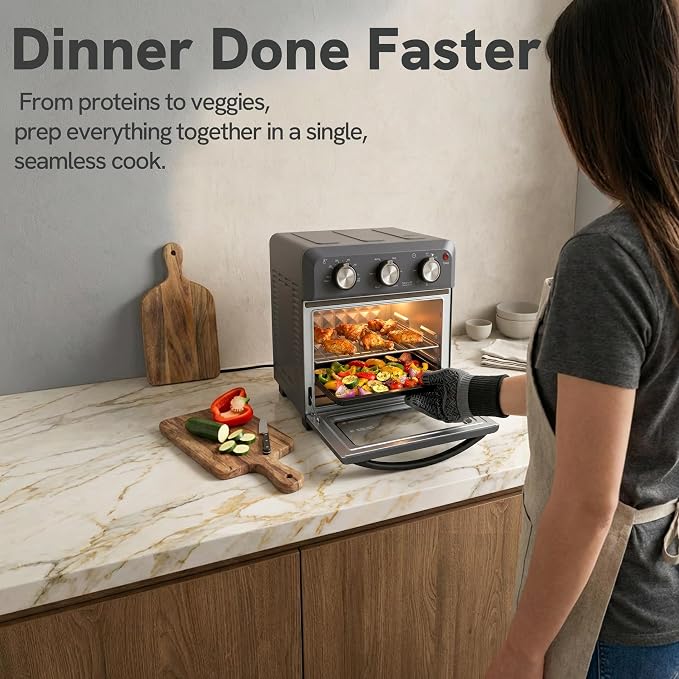 VAL CUCINA 6-in-1 Retro Air Fryer Toaster Oven Combo, Compact 12.7 QT Small Countertop Convection Oven, Fits 9" Pizza & 4 Toast, Hexagon Hybrid Heating, Enamel Baking Pan Included, Dark Grey Color