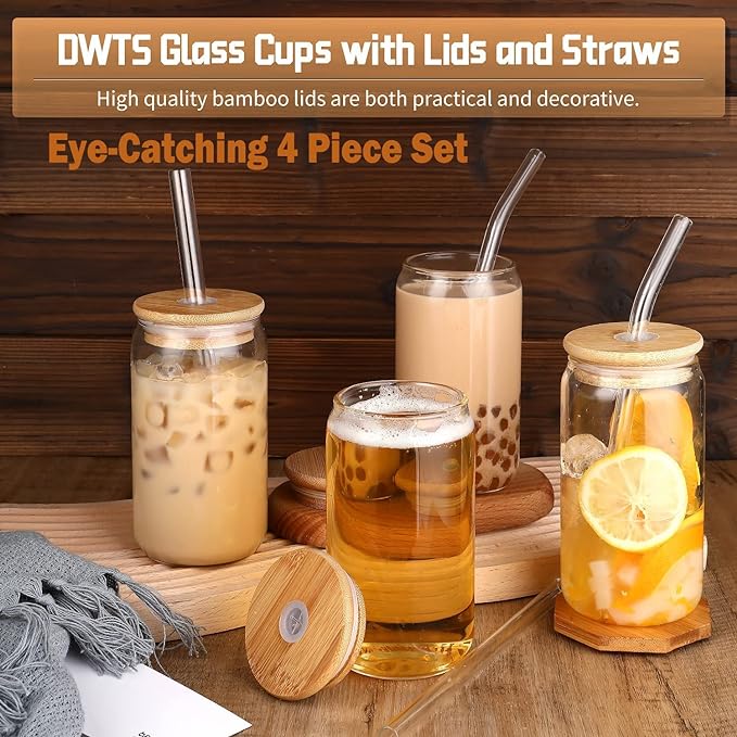 DWTS DANWEITESI Glass Cups with Lids and Straws 4 pcs,16oz Drinking Glasses Set for Coffee Bar Accessories,Iced Coffee Cups with Lids,Matcha Cup Glass Tumbler Reusable for Gifts