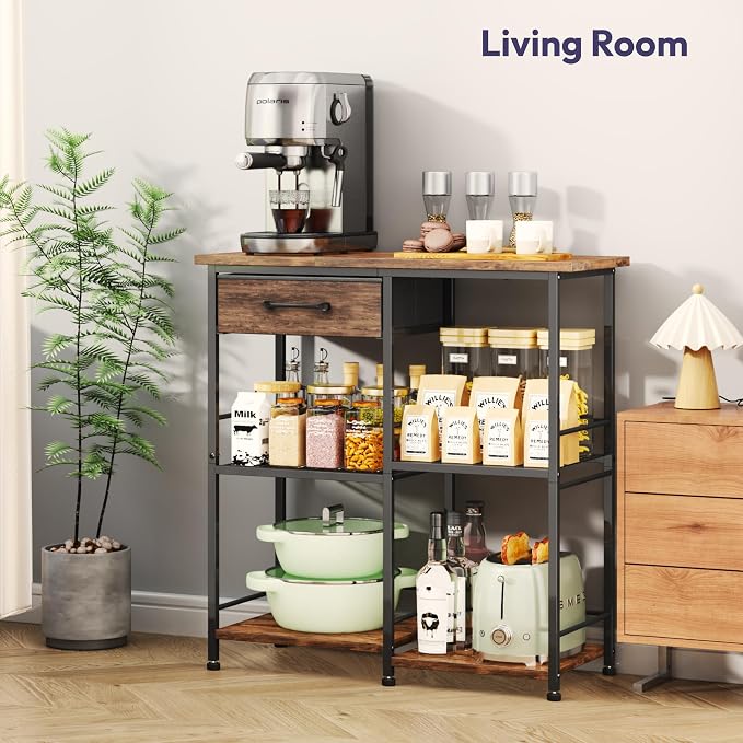 SWTYMIKI Bakers Rack with Storage - Coffee Bar Cabinet Organizer, Coffee Station for Kitchen Dining Room, Microwave Stand with Adjustable Feet, Espresso