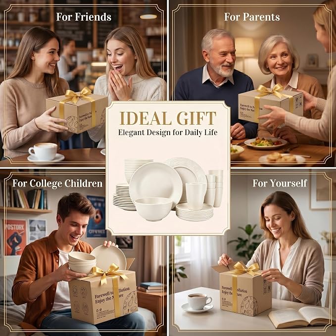 PYRMONT 40 PCS Dishes Set Wheat Straw Plates and Bowls Set Service for 8 Unbreakable & Lightweight Dinnerware Set Microwave & Dishwasher Safe for Apartment,Camping,Kitchen-Beige