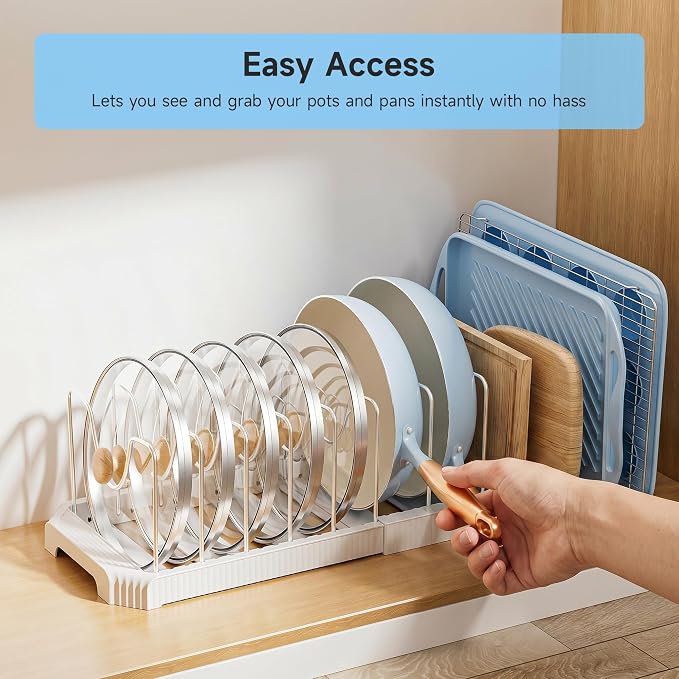 MUDEELA Pots and Pans Organizer under Cabinet, Pan Pot Organizer Inside Cabinet, Expandable 12.9''-21.88'' Pot Lid Organizer Holder with 12 Adjustable Dividers for Cutting Boards, Pan Lid Rack, White