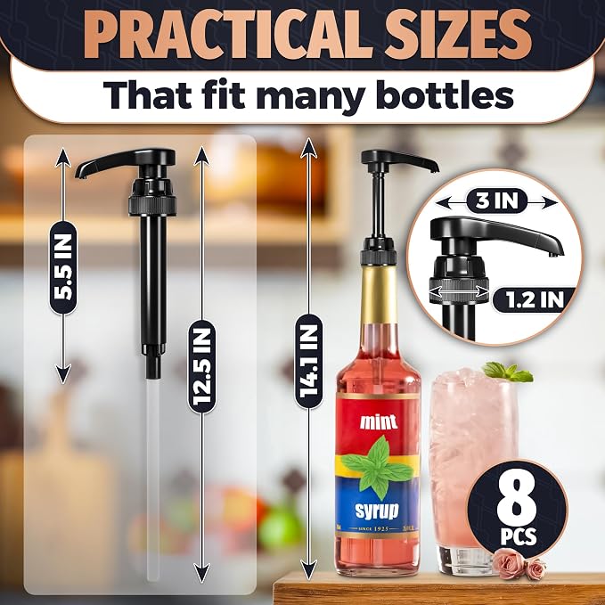 8 Pcs Coffee Syrup Pump for 750ml Bottles, 10ml per Press (Black) | Pumps for Syrup Bottles; Food-Grade Plastic; Adjustable Tube, Lockable Mechanism; for Coffee Bar and Home; Various Liquids