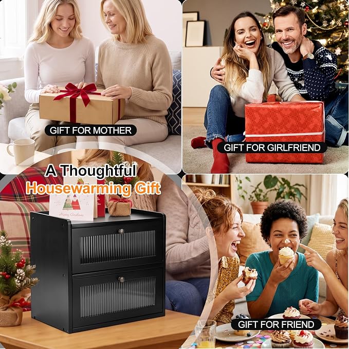 Alpeir Wooden Bread Box for Kitchen Countertop, Large Double Layer, Black | Food-Safe Pine Wood, Double-Row Ventilation, Strong Acrylic Window, Raised Top Shelf, Easy Care, Farmhouse Corner Container