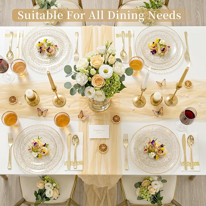 DaYammi 175PCS Clear Gold Glitter Plastic Dinnerware Set, Plastic Plates Disposable Hammered Plates for Party, Include: 25 Dinner Plates 25 Dessert Plates 75 Gold Silverware 25 Napkins 25 Cups
