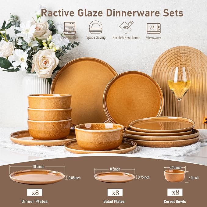 GBHOME Dinnerware Sets for 8, 24 Pieces Ceramic Plates and Bowls Set | Scratch Resistant Stoneware Dishes Set, Dishwasher & Microwave Safe, Reactive Glaze-Amber