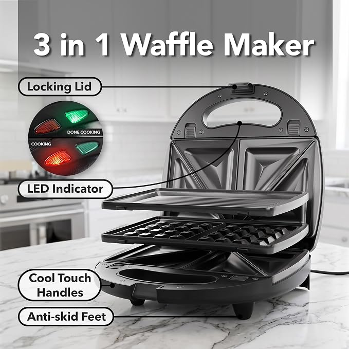 OVENTE Electric Sandwich, Panini and Waffle Maker Set, Black GPI202B | 3 Removable Non-Stick Plates, 750 Watts, Perfect for Grilled Cheese, Tuna Melts, Burgers, Steaks and Snacks