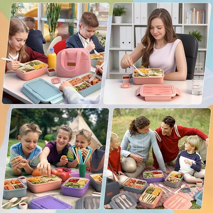 Bento Box Set for Women & Girl, 1100ml Stackable Containers Purple | Includes lunch bag, spoon, fork, sauce box,BPA-free & dishwasher safe,For adults.child, school, work, office, travel, picnic