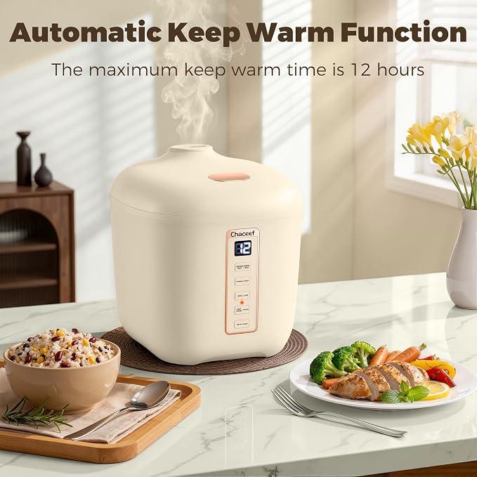 CHACEEF 1.2L Small Rice Cooker, 2 Cups Uncooked Portable Mini Rice Cooker | Smart Control, Non-Stick Pot, 24H Timer & Keep Warm, Multifunction for Soup, Oatmeal & Grain, Ideal for Dorm, Office & Travel