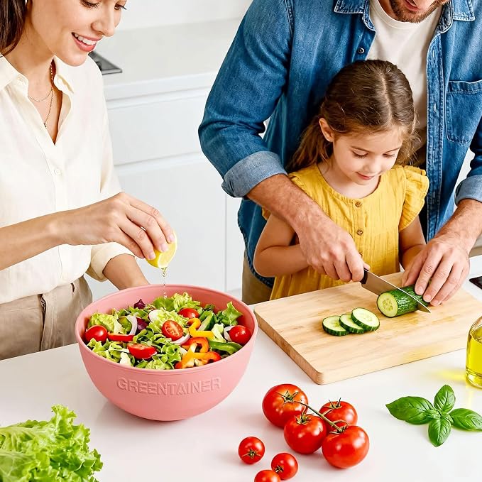 Greentainer 3 Pack Large Plastic Bowls, 135oz Plastic Salad Bowls - Reusable Serving Bowls for Party, Picnic, Entertaining, Kitchen & Outdoor, Microwave & Dishwasher Safe (Pink)