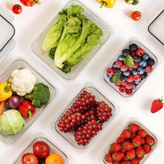 3 PCS Large Fruit storage Containers for Fridge Food Storage Containers | with Stainless Steel Colander Leakproof Dishwasher Microwave safe Produce Containers Keep Fruits Vegetable Berry Fresh longer