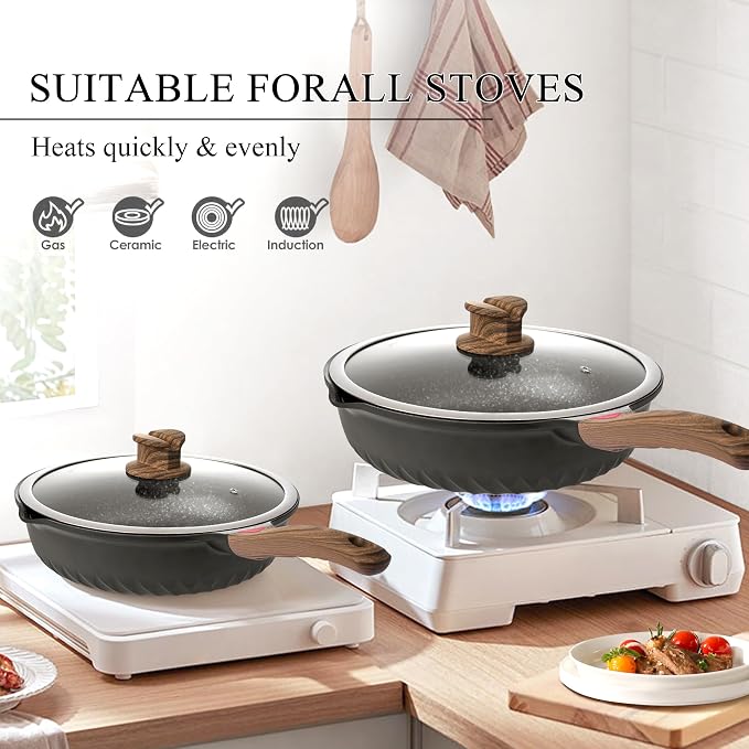 Vinchef 12PCS Nonstick Deep Frying Pan with Lid Cookware Set | VINCHEF 12-piece nonstick cookware set utensils & pot protectors. Stay-cool handles, PFAS & PFOA-free.