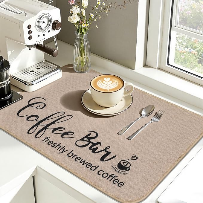 Findosom Dish Drying Mat, 12"x 20" Super Absorbent & Hide Stain Coffee Mat, Cuttable Drying Mat for Kitchen Counter, Coffee Bar Accessories, Under Dish Rack, Coffee Maker, Espresso Machine, Linen