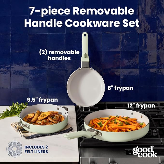 GoodCook Ceramic Cookware Set 7-Piece with Removable Handles, Induction Compatible Fry Pans, Nonstick and Oven Safe, Sage Green