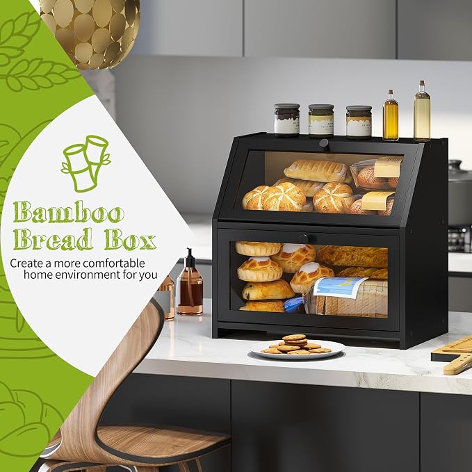 BMOSU Bread Box with Cutting Board Kitchen Bread Storage Organizer Farmhouse Countertop Double Bamboo Wood Bread Box(Black)