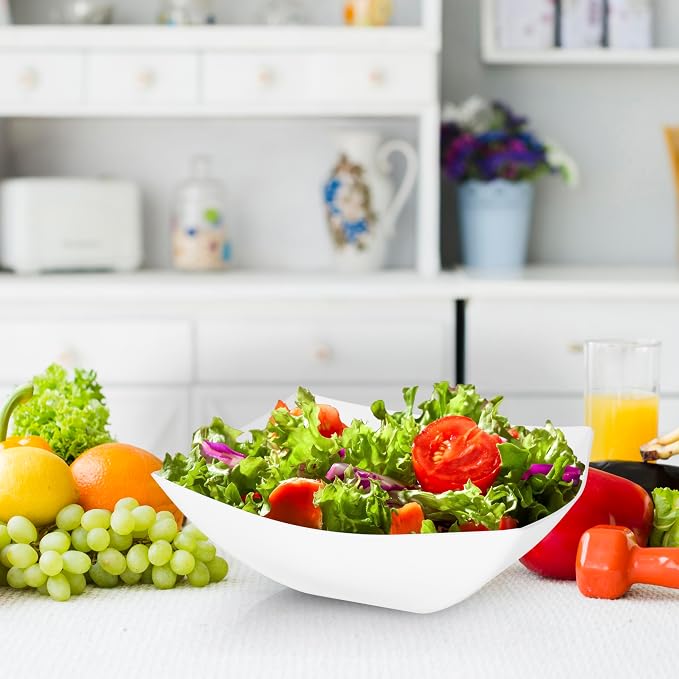 R-kay 6 Pack Square Plastic White Serving Bowls - White Plastic bowls 64 Oz - Salad Bowls Large Serving - Premium Heavy Duty For Weddings Catering And Birthday parties