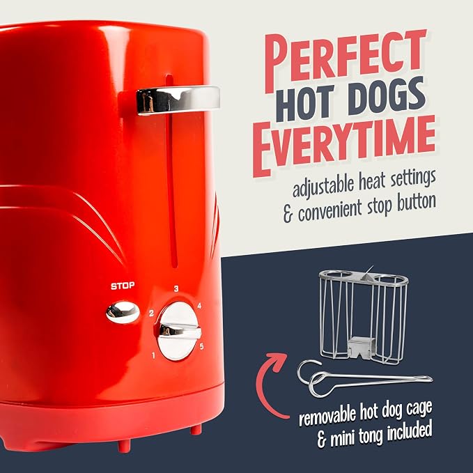 Nostalgia 2 Slot Hot Dog and Bun Toaster with Mini Tongs, Retro Hot Dog Toaster, Hot Dog Cooker that Works with Chicken, Turkey, Veggie Links, Sausages and Brats, Metallic Red