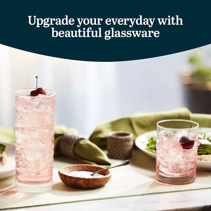 Libbey Pueblo Tumblers and Rocks Glass Cups Set, Wavy and Groovy Drinking Glasses Set of 16, Dishwasher Safe Modern Glassware for Everyday Use