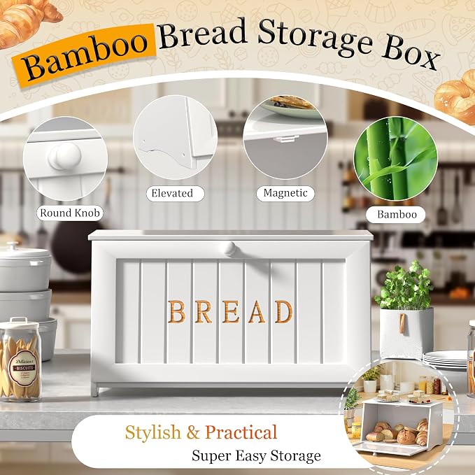 Vintage Bread Box for Kitchen Countertop, Retro Design Bread Storage Container, Farmhouse Wooden Counter Breadbox, Small Bamboo Bread Bin Holder for Homemade Bread