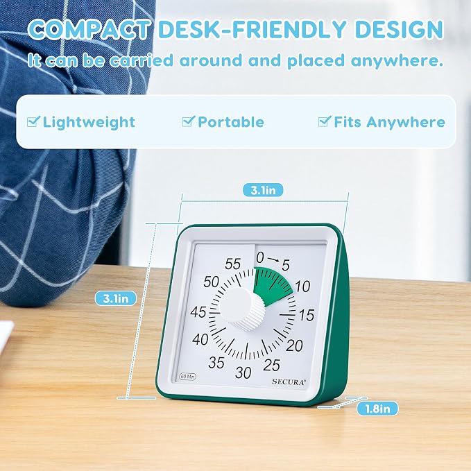 Secura Visual Timer for Kids, 60 Minute Classroom Countdown Timer for Study | Non-Ticking, Adjustable Alarm Volume/Duration, Low Power Reminder, Time Management Tool for ADHD (Dark Green & Dark Green)